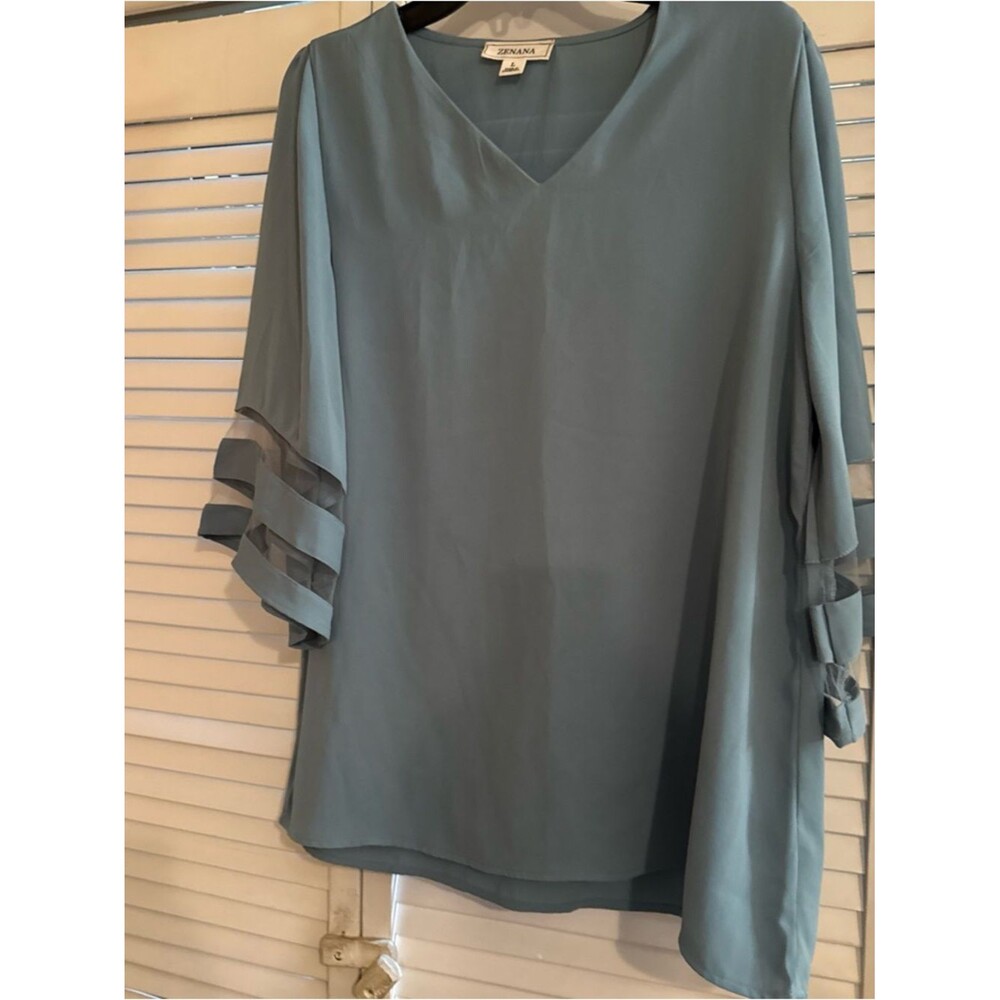 Zenana Dusty Blue V-Neck Layered Sleeve Tunic